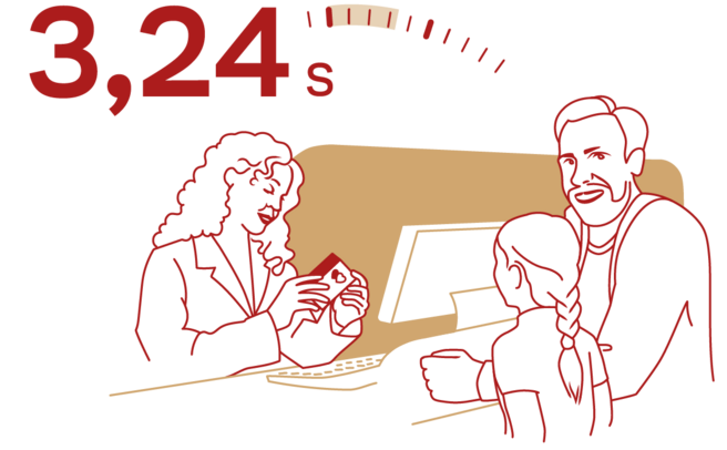Une scène représentant une interaction au comptoir avec une femme et deux personnes, un adulte et un enfant, discutant. Un chronomètre indique 3,24 secondes.