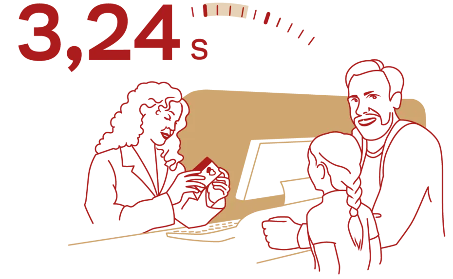 Une scène représentant une interaction au comptoir avec une femme et deux personnes, un adulte et un enfant, discutant. Un chronomètre indique 3,24 secondes.